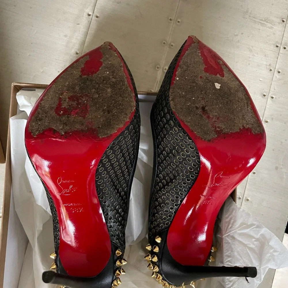 christian louboutin guni black leather gold spike stiletto sz 38.5 preowned